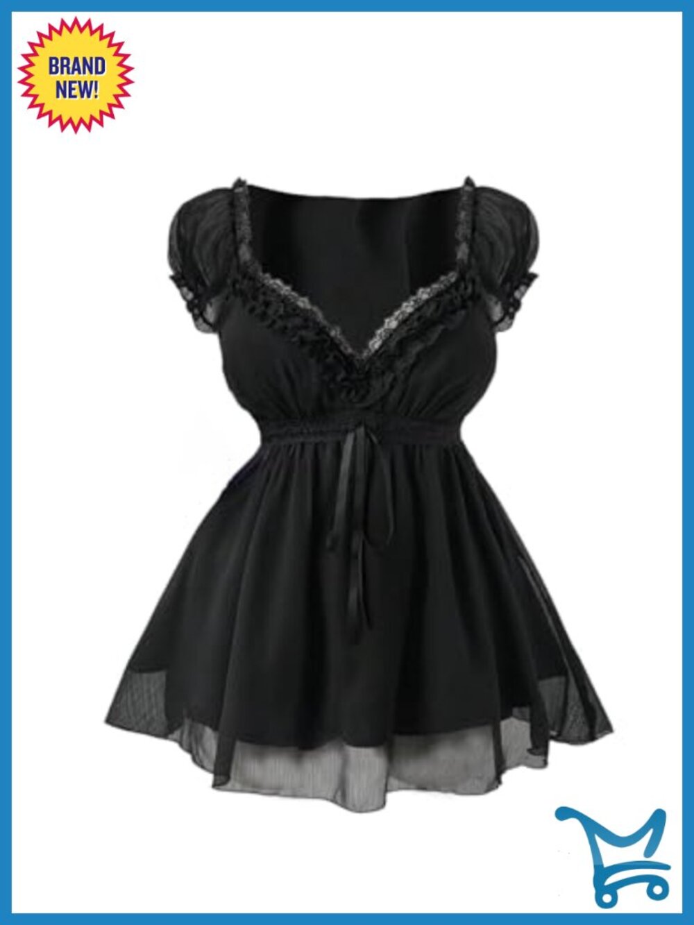 Plus Size Sheer Lace Puff Sleeve Blouse Ruffle Hem Tie Front Top